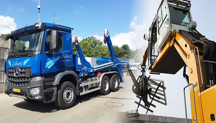 Photo récente d'une grue et d'un camion moderne des Nouveaux Établissements Liébaert utilisés pour la récupération de fers et métaux